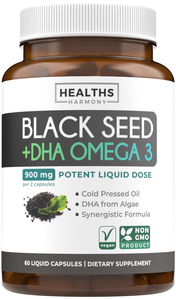 Külmpressitud musta seemne õli kapslid - Vegan Non-GMO Nigella Sativa Black Seed Oil Supplement koos Omega 3 DHA täis keha heaolu ja aju toetust - Vegan Omega 3 & Thymoquinone-Rich (1 kuu)