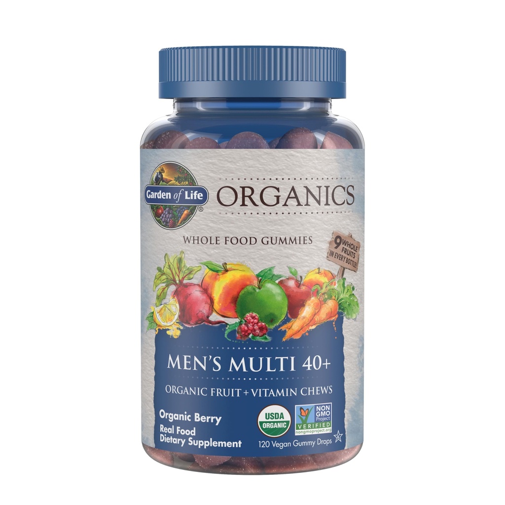 Aed Elu Orgaanika Mehed 40+ Kummi Vitamiinid - Berry - Sertifitseeritud Orgaaniline, Mitte-GMO, Vegan, Kosher Täielik Multi - Metüül B12, C & D3 - Gluteen, Soja & Piima vaba, 120 Real Puuviljakummid