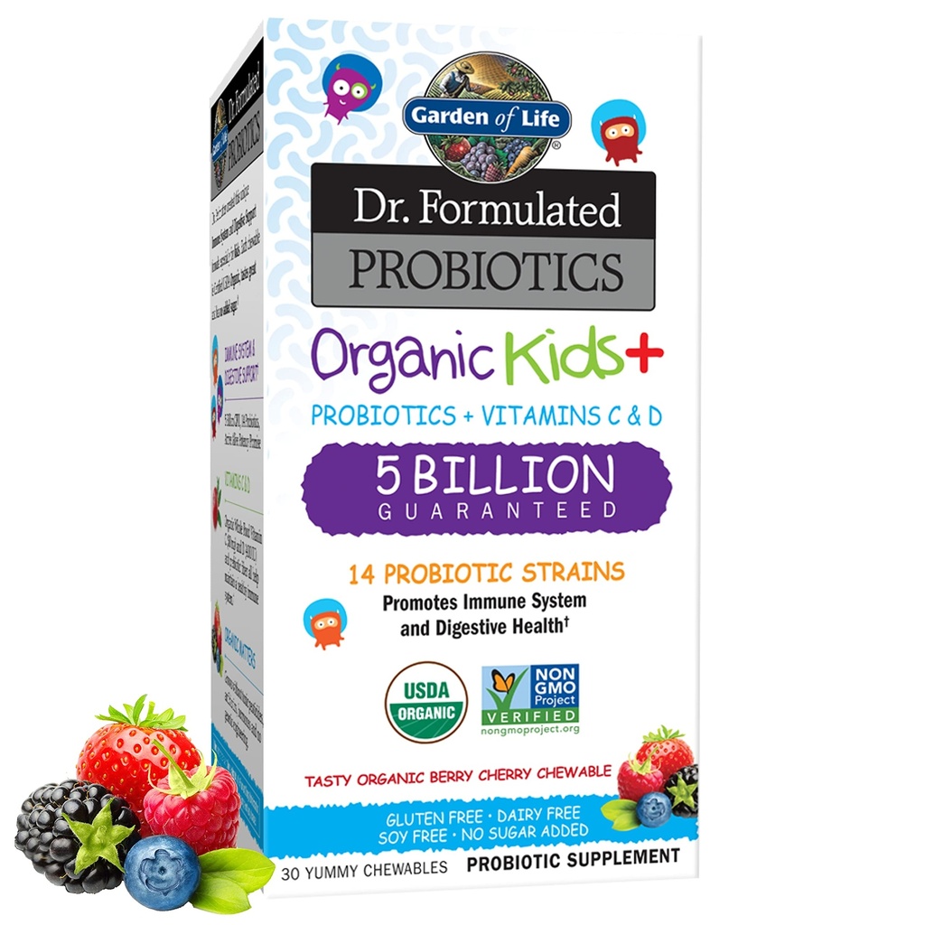 Garden of Life Kids probiootikumid, Dr. Formulated Probiootikumid Orgaanilised lapsed + C & D-vitamiin, Berry Cherry, Gluten Dairy & Soy Free Immune & Digestive Health Supplement, 30 närimistables
