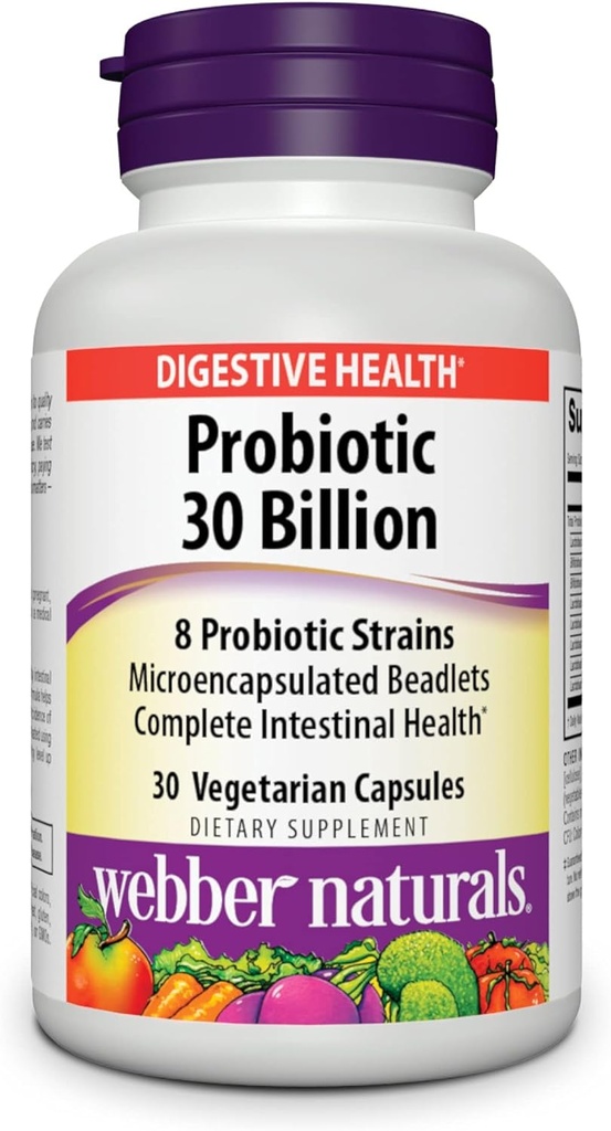 Webber Naturals Probiootikumid, kõrge potentsi, 30 miljardit CFU, meestele, naistele ja täiskasvanutele, riiuli stabiilne (ei ole vaja külmutada), 8 probiootilised tüved, 30 taimset kapslit, seedetrakti tervisele