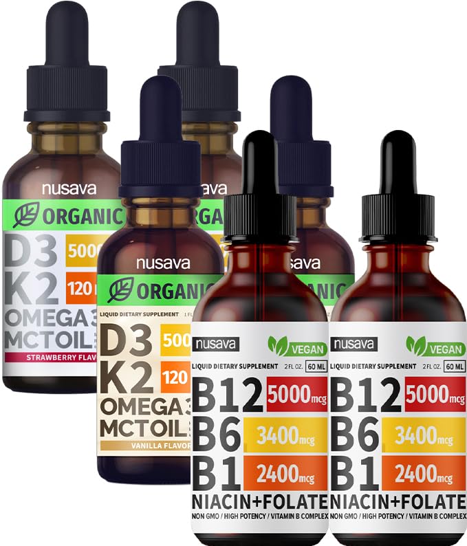 NUSAVA Vitamiin B12 Vedel tilgad Bundle, Maasikas Maitsestatud D3 K2 & Vanilla Maitsestatud D3 K2 - Tugevad Vedelad Vitamiinid Südame, Energia, Aju Ja Immuunsüsteemi Toeks - Mitte-GMO, Gluteenivaba, 2pk Iga