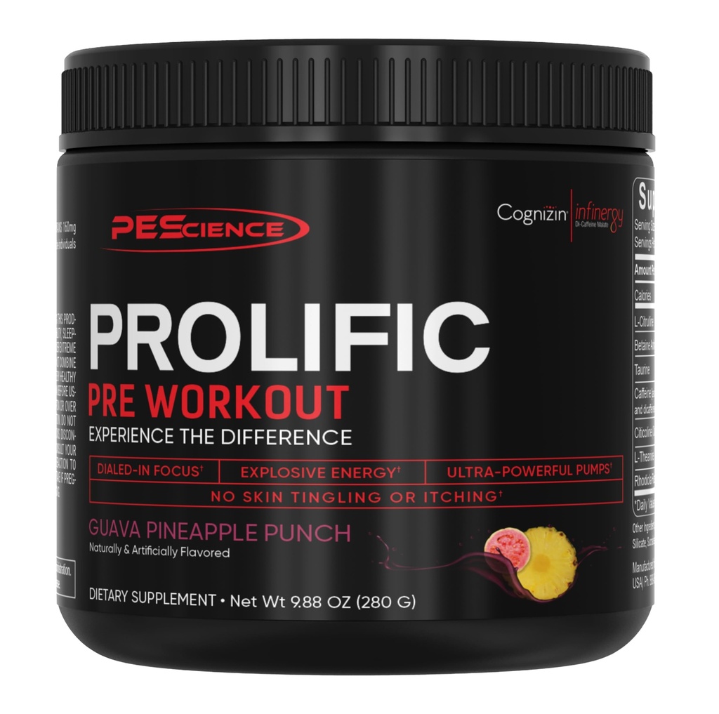 PEScience Prolific Pre Workout Pulber meestele ja naistele L-tsitrulliin lämmastikoksiidi võimendaja, energiapulber ja Nootroopne fookus - Preworkout Ilma Beta Alanine - 40 Scoops, Guava ananassi Punch