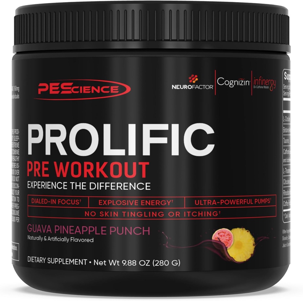 PEScience Prolific Pre Workout Pulber meestele ja naistele L-tsitrulliin lämmastikoksiidi võimendaja, energiapulber ja Nootroopne fookus - Preworkout Ilma Beta Alanine - 40 Scoops, Guava ananassi Punch