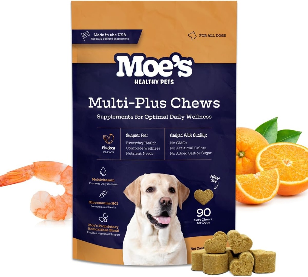 Moe 5-in-1 oluline koer multivitamiin 90 kana maitsestatud närimiskoogid koera immuunsuse toetamiseks, südameks, nahaks, karvaks ja üldiseks terviseks - vitamiinid A, B12, C, D, E, antioksüdandid, Omega 3 igas vanuses ja tõugudele