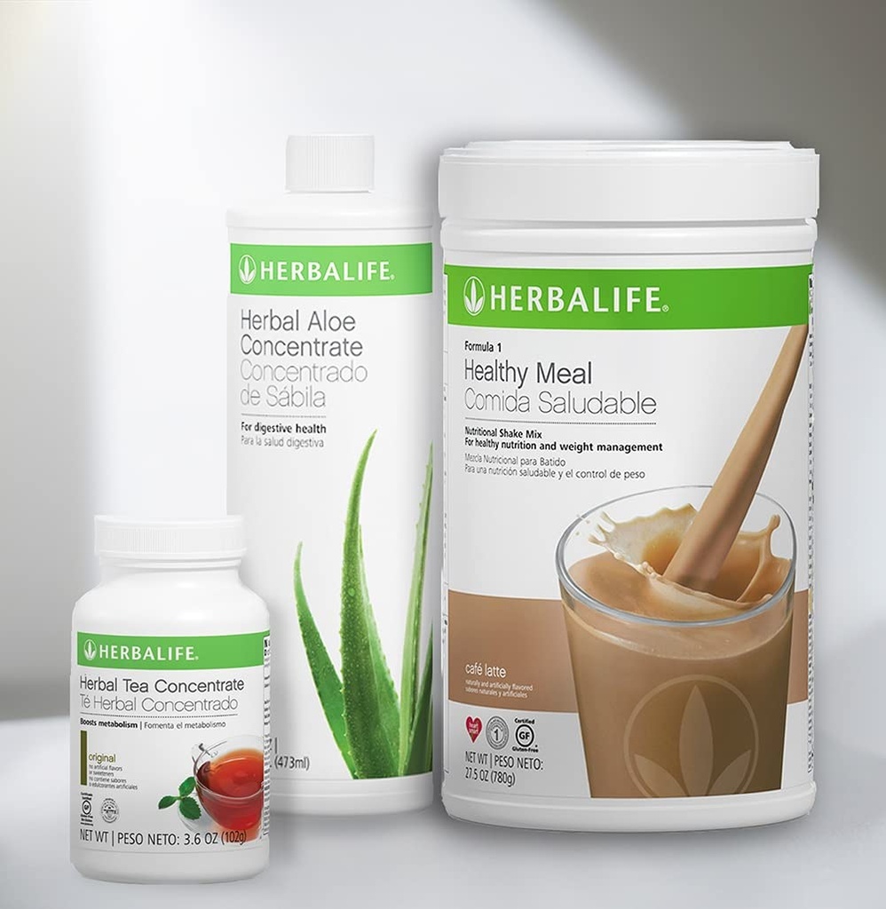 Trio Combo HERBALIFE Vormel 1 Tervislik toitaineline raputussegu (Cafe Latte 780g) - Herbal Aaloe kontsentraatpint (Original 473ml) - Taimse tee kontsentraat (Original 102g)