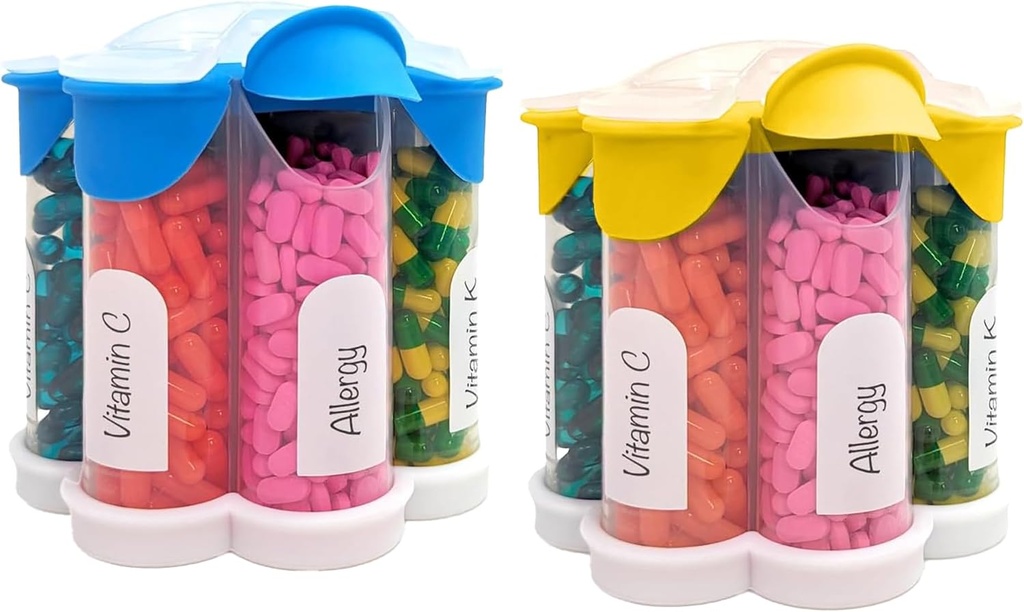 Ekstra suur pillide korraldaja Iga päev, iganädalane, igakuine täiendus pudel, armas õis Pill Dispenser 7 XL komplektiga (2 pakendit Combo) (Helesinine ja kollane)