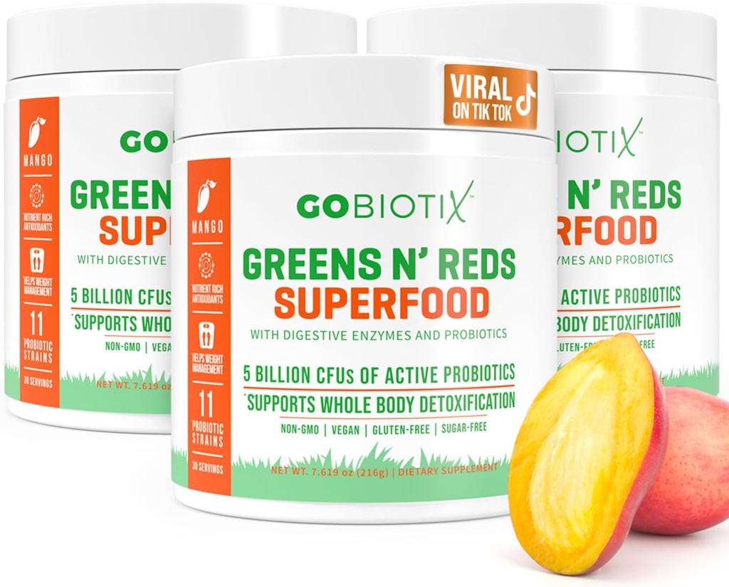 GOBIOTIX Super Greens and Reds Powder - Red and Green Superfood - Probiootiline täiendus - Seedeensüümid ja peedi juurepulber - Orgaaniline kogu toidu toidulisand (Mango, 3 Pack)