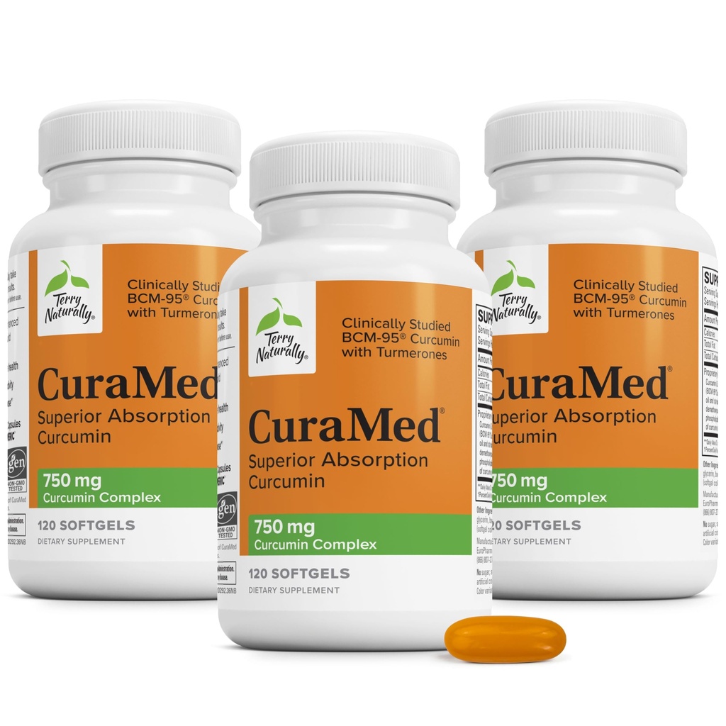 Terry Naturally CuraMed 750 mg - Antioksüdandi lisand aju ja südame tervise jaoks - täiendus suure tugevusega kurkumiini kompleksiga - neeru, maksa ja immuunsuse tervise tugi - 120 softgels (3. pakk)