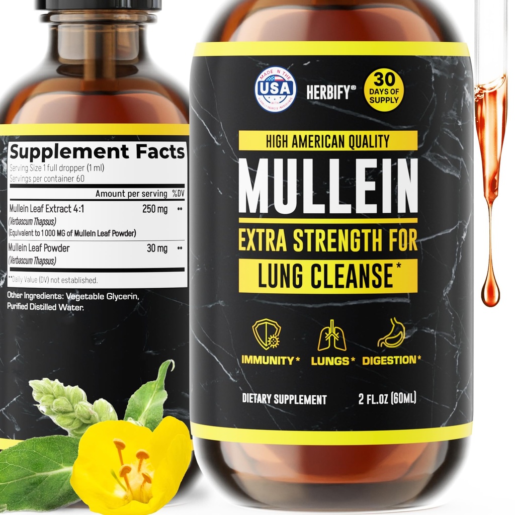 HERBIFY Mullein Extract 2 oz Tinktuur hingamisteede tervisele, Mullein Leaf ja lilled Blend (Verbascum Densiflorum)