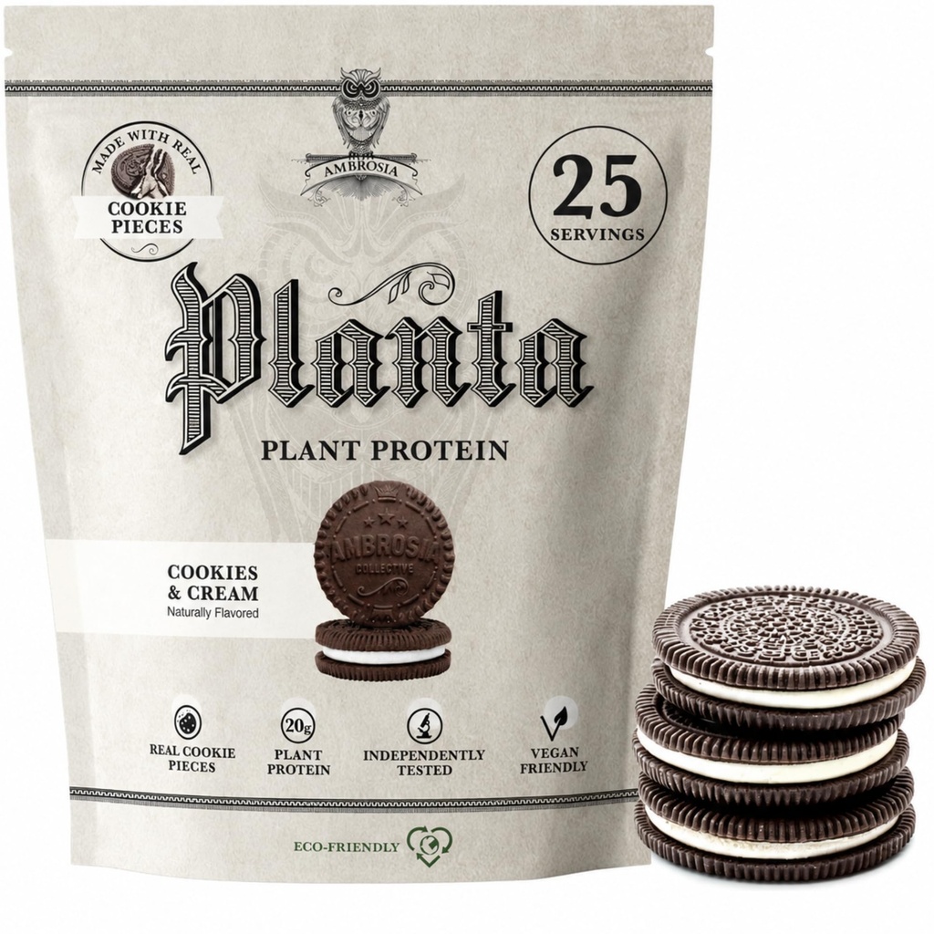 Ambrosia Planta - Premium taimepõhine valk | Vegan & Keto Sõbralik | Gourmet maitsed, millel ei ole puhitus ega kõhtu | Gluteen & sojavaba | Lisatud suhkur | 25 serveerimist | Küpsised Koor