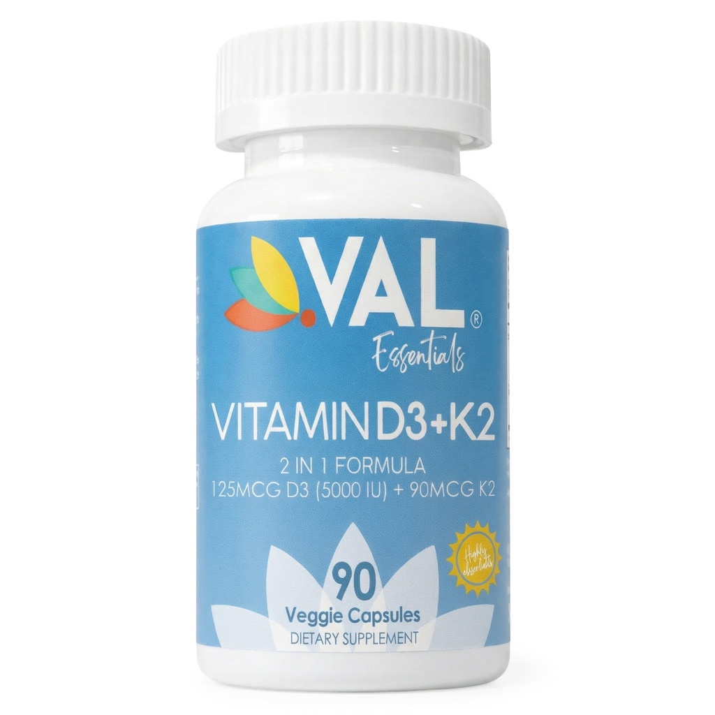 VAL Vitamiin D3 + K2 (MK-7) 5000 RÜ & 90 mcg - Luude ja südame tervise tugi - kõrge potentsi, mitte-GMO, lihtne alla neelata - 90 vegankapslit - D3 K2 täiendus valmistatud USA-s