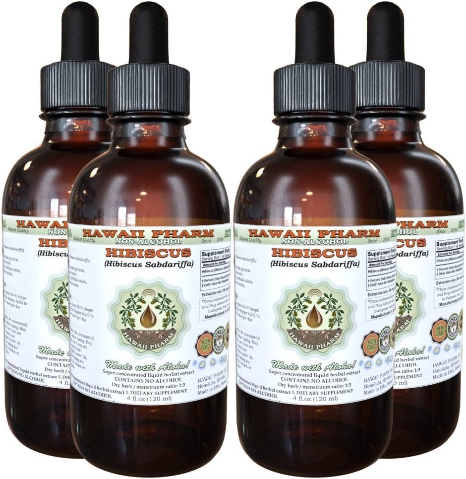 Hibiscus Alkoholivaba vedelik ekstrakt, orgaaniline Hibiscus (Hibiscus Sabdariffa) Kuivatatud õis Glycerite Hawaii Pharm Looduslik Taimne täiendus 4x4 oz