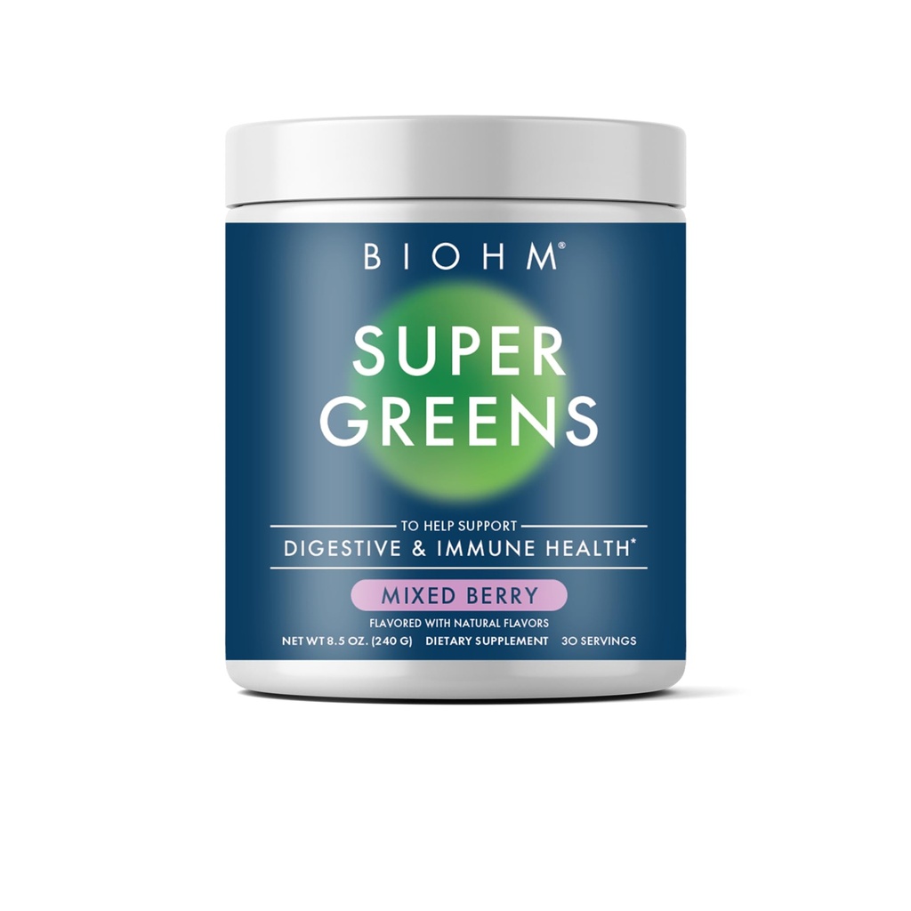 BIOHM Super Greens, Green Superfood Powder (8,5 Oz, 30 Servings) Antioksüdant Veggie Powder & Smoothie Mix, 34 Superfoods & Spirulina, Seedeensüümid, Prebiootikumid ja probiootikumid, segatud Marjamaitse