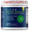 BIOHM Super Greens, Green Superfood Powder (8,5 Oz, 30 Servings) Antioksüdant Veggie Powder & Smoothie Mix, 34 Superfoods & Spirulina, Seedeensüümid, Prebiootikumid ja probiootikumid, segatud Marjamaitse