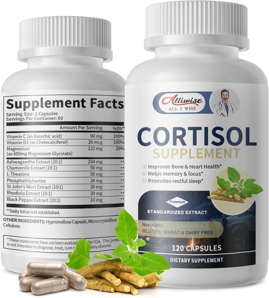 Kortisooli lisandid naistele ja meestele, kortisoolihaldur magneesiumiga, Ashwagandha, Rhodiola, L-Theanine, tasakaalustatud kortisooli tase meeleolu, fookus, Zzz tugi