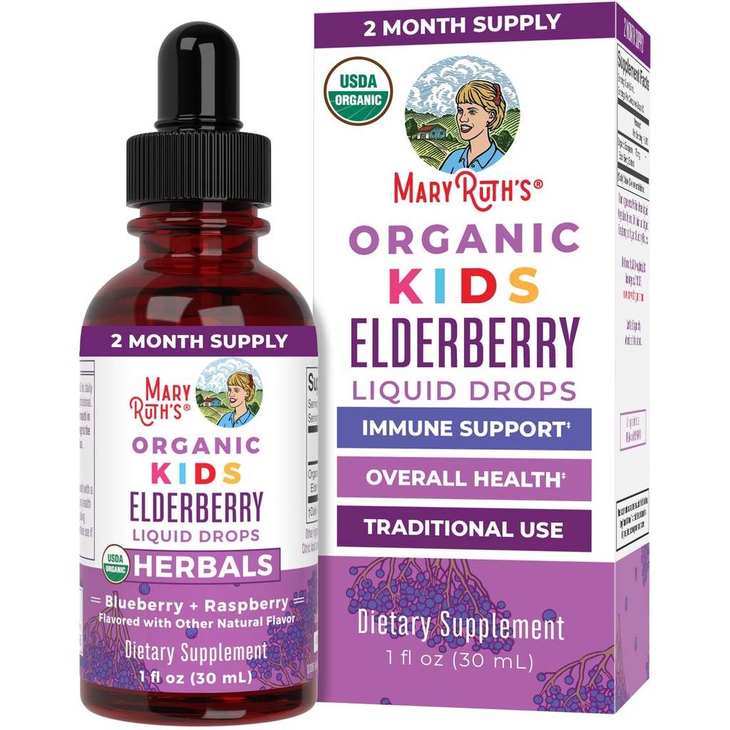 MaryRuth Organics USDA Orgaaniline Elderberry Liquid tilgad lastele | Vegan Elderberry Extract Organic Glycerin | Immune Support Supplement | Üldine tervis | Formuleeritud vanuses 4-13 | 1oz