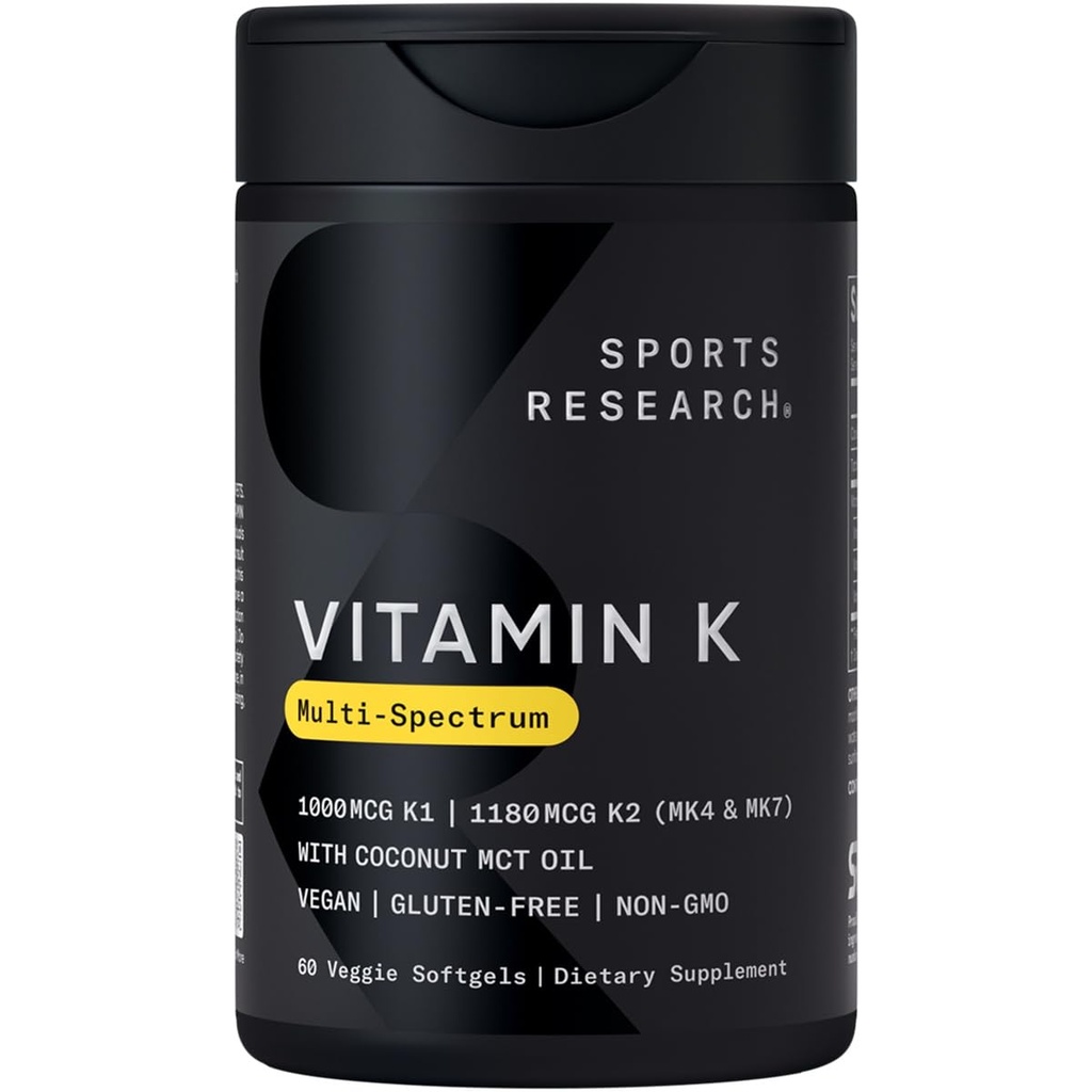 Spordiuuringud K-vitamiin Multi-Spectrum - kolm tüüpi K-vitamiini: K1, K2 MK-4 & K2 MK-7 - Vegan Sõbralik, Plantgel Kapsel - 60 pehmegeeli