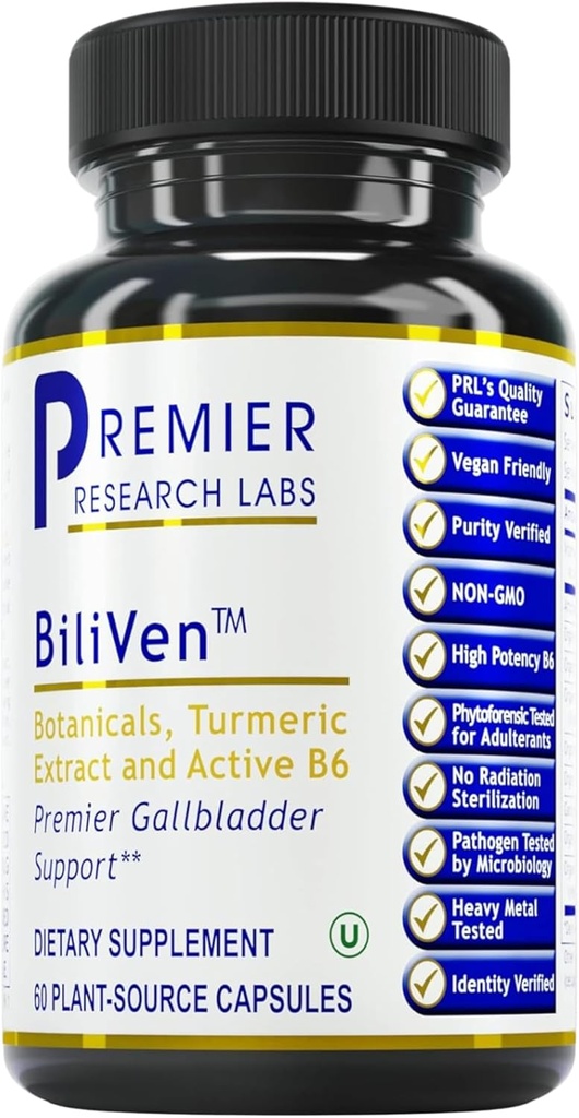 Premier Research Labs BiliVen - Allbladder & Maks Cleanse Supplement, sapipõie tugipillid artišokiekstraktiga, piimaohakas, vitamiin B6, peedi juur, kurkum, kurkumiin- 60 taimekapslit