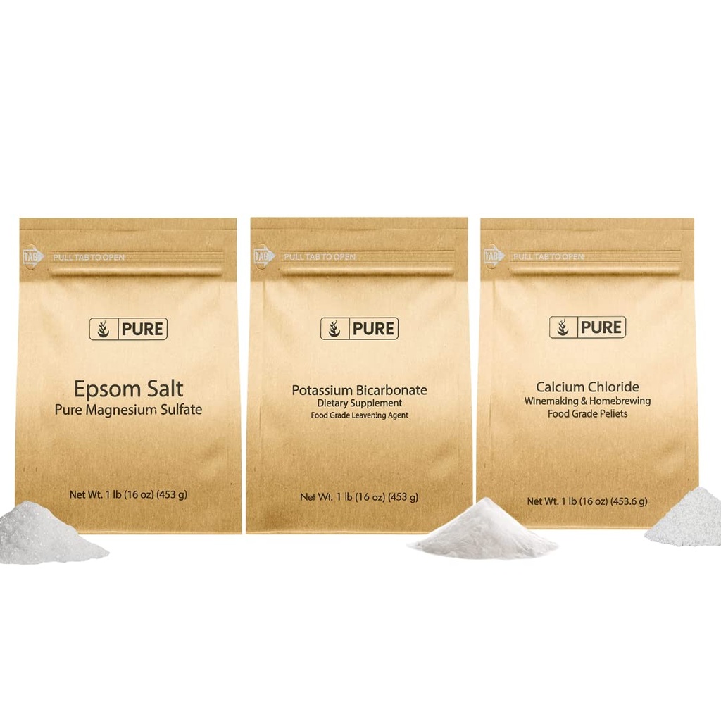 Puhas originaalkoostisosa Kaalium Bikarbonaat, Kaltsiumkloriid, & Epsomi soolakomplekt, (1lb) Toiduohutus, Puhastamine Ja Keetmine