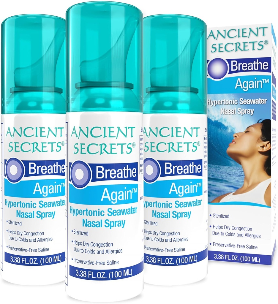 ANCIENT SECRETS soolase nina spray - Hinge taas Hüpertooniline merevee ninasprei, allergia ja siinuse leevendamine, nina ummistus niisutaja, 3.38 Fl Oz (3. pakk)