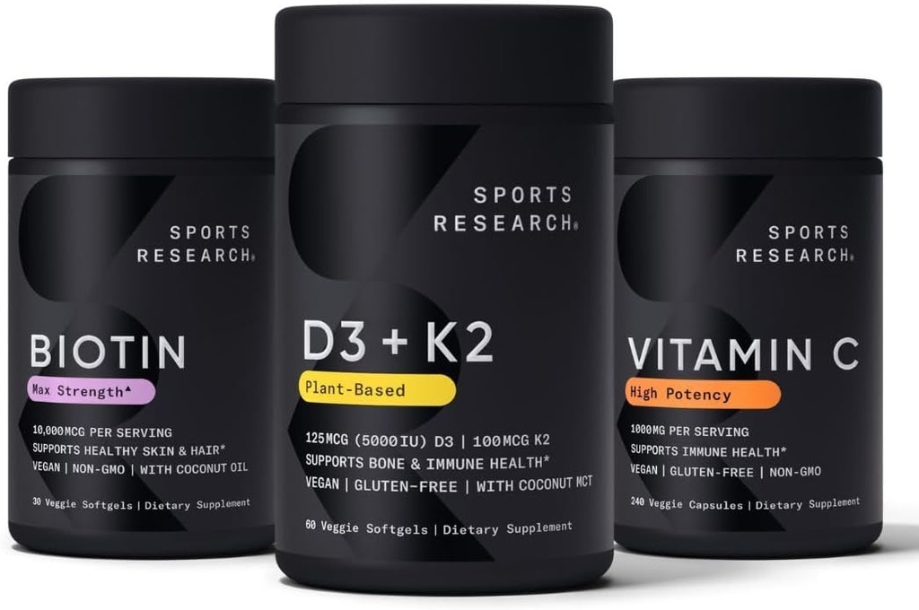 Sports Research Vitamin D3 5000iu K2 100mcg, Vegan Biotin 10,000mcg with Coconut Oil and High Potency Vitamin C Supplement 1000mg