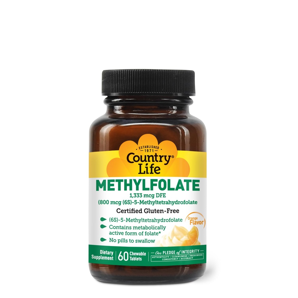 Riik Elu Metüülfolaadi närimistabletid - Metaboolselt aktiivne folaat - suurepärase maitsega oranž maitse - Gluteenivaba - sile sula - Vegan B12 - Naiste vitamiinid - igapäevane täiendus - 60 tabletti
