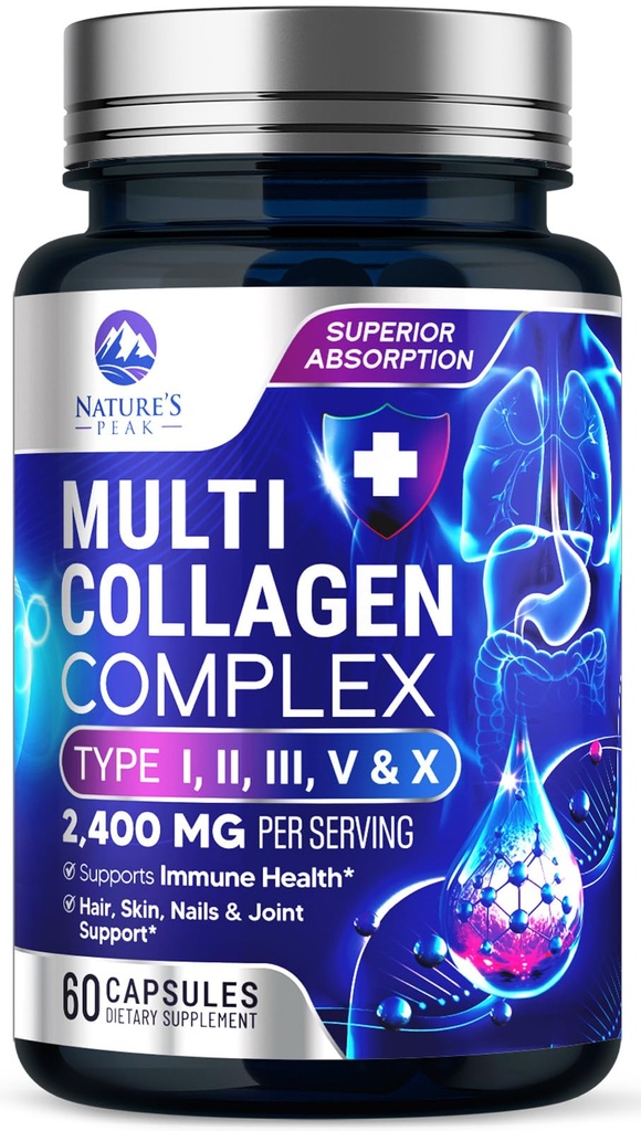Multi kollageenpeptiidide lisand juustele, küüntele, nahale - tüüp I, II, III, V, X, kollageeni pulber pillid - rohutoit, hüdrolüüsitud luu ja ühine tugi naistele ja meestele, mitte-GMO - 60 kapslit