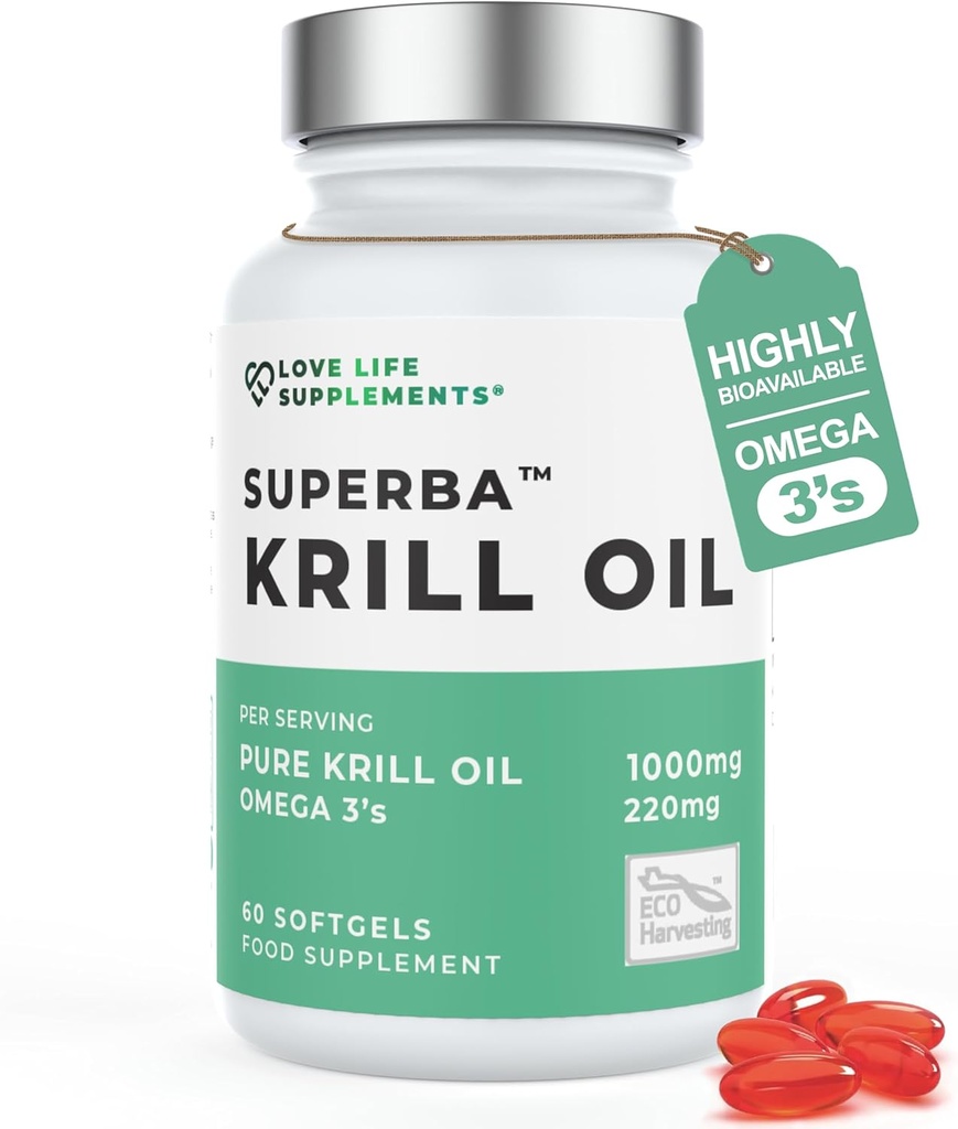 Krillõli Omega 3 kapslid Suur tugevus 1000 mg | Antarktikas jätkusuutlikult püütud | 60 punast pehmet | Liigeste hoolduslisandid | võimsa antioksüdandi astaksantiini ja fosfolipiididega imendumiseks