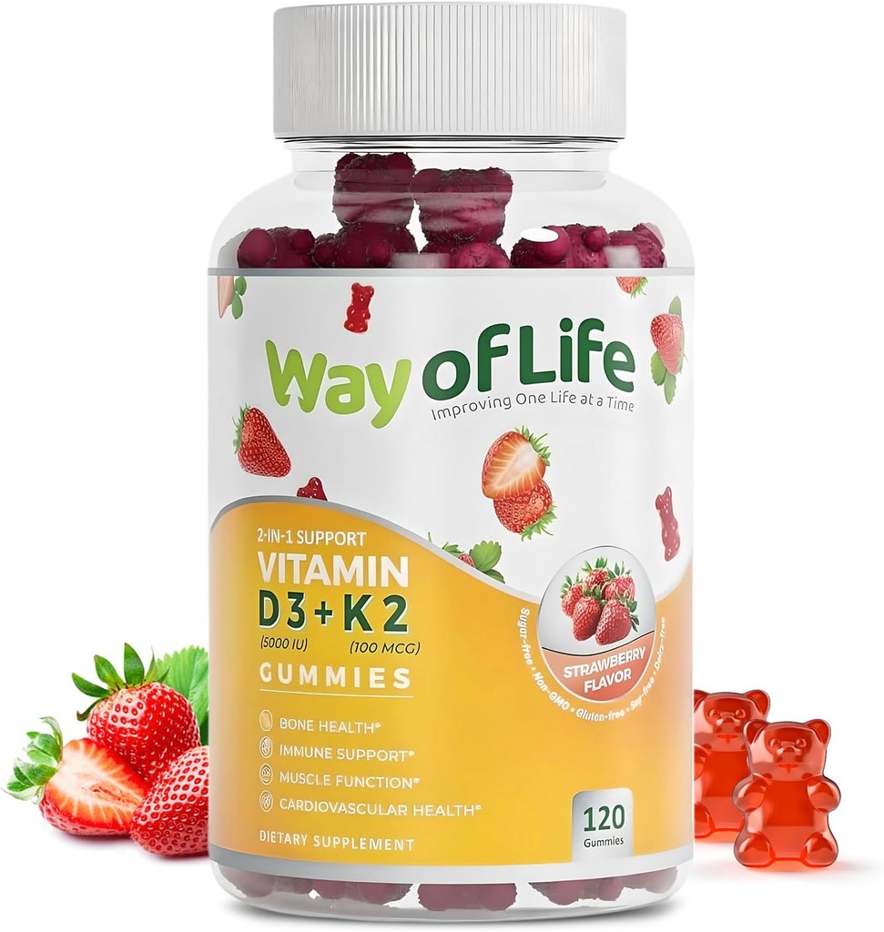 Vitamiin D3 5000 IU (125 mcg) + K2 (MK-7) 100 mcg suhkruvabad kummikud, maasikas - 120 arvu, luude ja südame tervis täiskasvanutele, lihaste funktsioon, pektiin, maitsev, Chewy, mitte-GMO, gluteenivaba, želatiinivaba