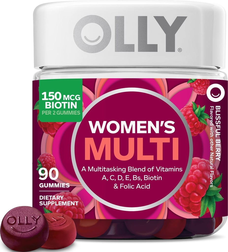 OLLY naiste multivitamiini kummi, vitamiinid A, D, C, E, biotiin, foolhape, täiskasvanud näritav vitamiin, marja maitse, 45 päeva pakkumine - 90 loend