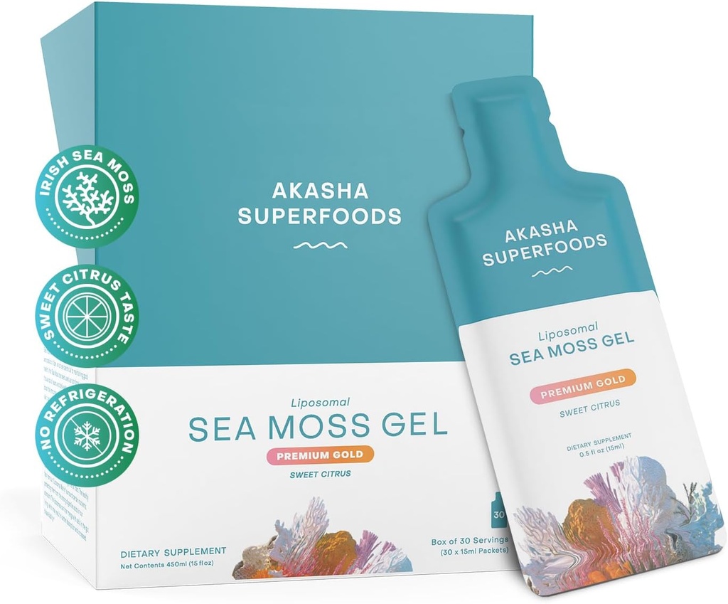 Akasha Superfoods Irish Sea Moss Gel, Liposomal Seamoss Iiri mere samblaga, E-vitamiin, tsitrusviljad, orgaaniline vanill, glütseriin, nahk, energia ja soolestiku tervisetoetus naistele ja meestele, Sweet Citrus Flavor, 30 Ct