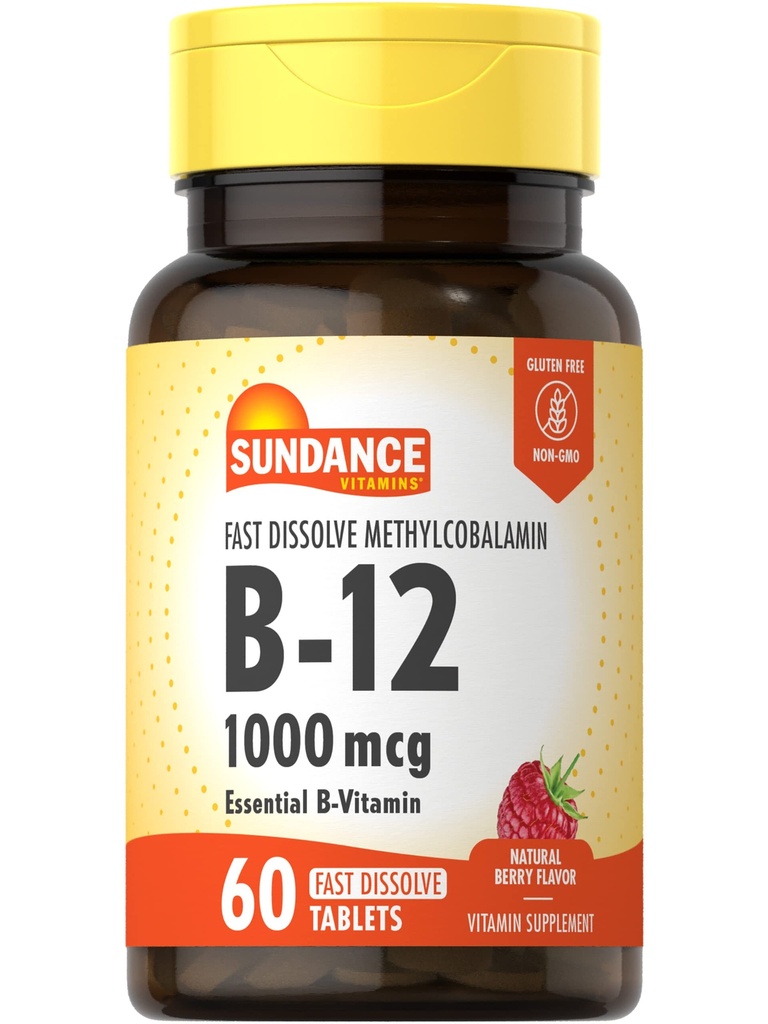 Sundance Vitamiin B12 1000 mcg | Kiiresti lahustuvad tabletid | Metüülkobalamiinina | Taimetoitlane, mitte-GMO ja gluteenivaba toidulisand