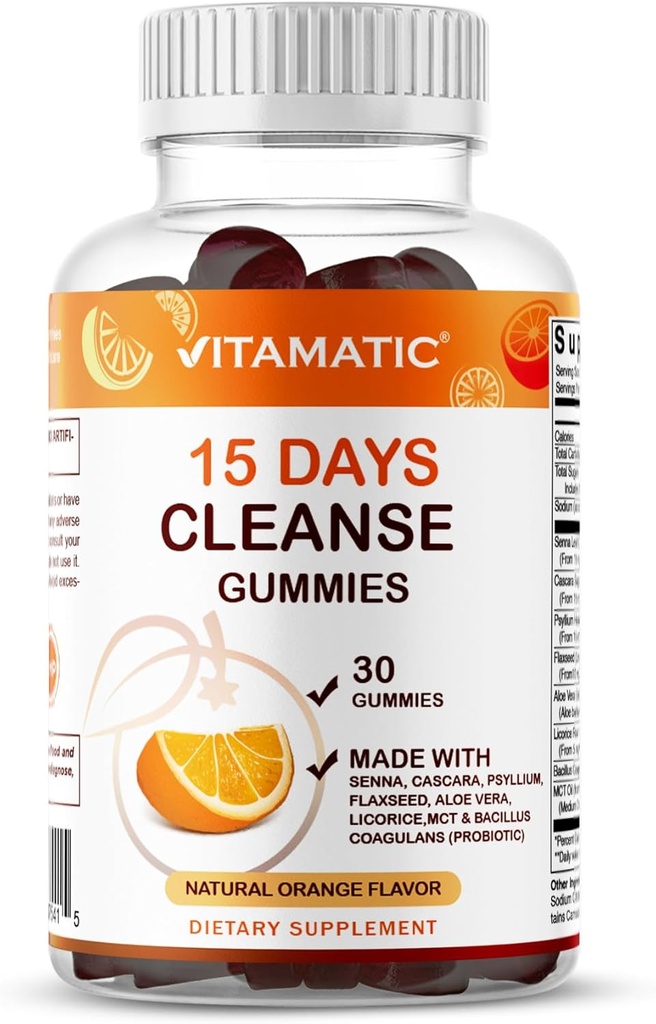 Vitamatic 15 Day Cleanse Gummies, Senna, Cascara, Psyllium, Linaseemned, Aloe Vera, Lagrits, MCT, Probiootikum