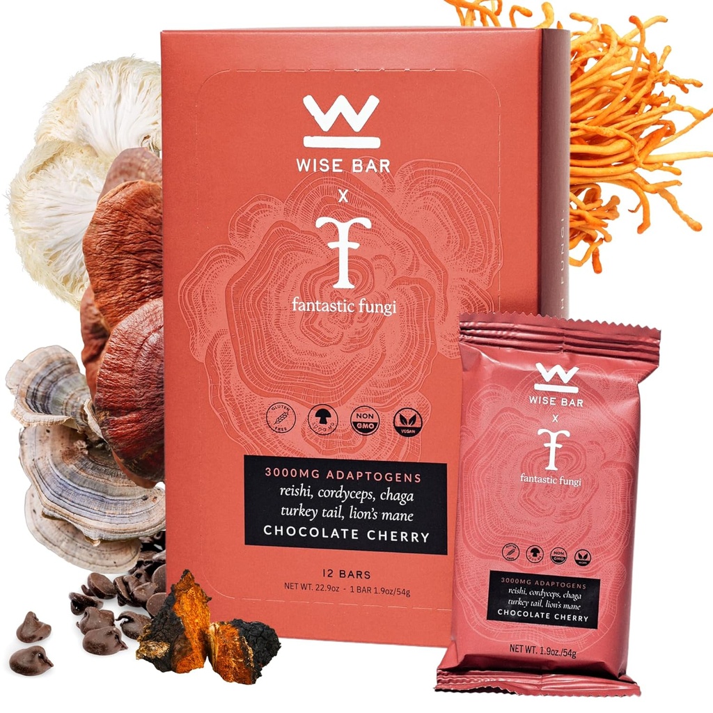 Targad baarid Adaptogen Seened Toitumine Bars Reishi, Lions Mane & Ashwagandha, Organic Vegan & Gluten Free Snacks loodusliku fookuse, energia ja immuunsuse toetamine, Chocolate Cherry Flavor, 12 Count