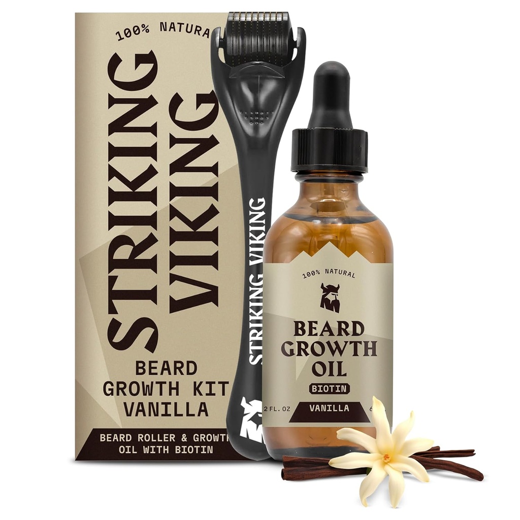 Striking Viking Beard Growth Oil - 2 fl oz, Pack of 1, Vanilla - paksendav habemeõli Jojoba & Argan ekstraktid - soodustab näo karvade kasvu ja sihib patühjad piirkonnad - Biotiin rikastatud