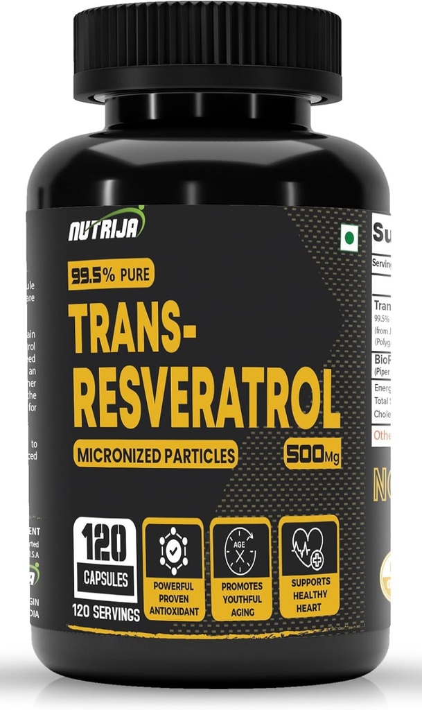 Trans Resveratrol 500MG kapslid - 99,5% puhas mikroniseeritud ja väga biosaadav toidulisand | Aeglane vananemine, tõestatud võimas antioksüdant | parandab ainevahetust ja südame tervist (120 kapslit)