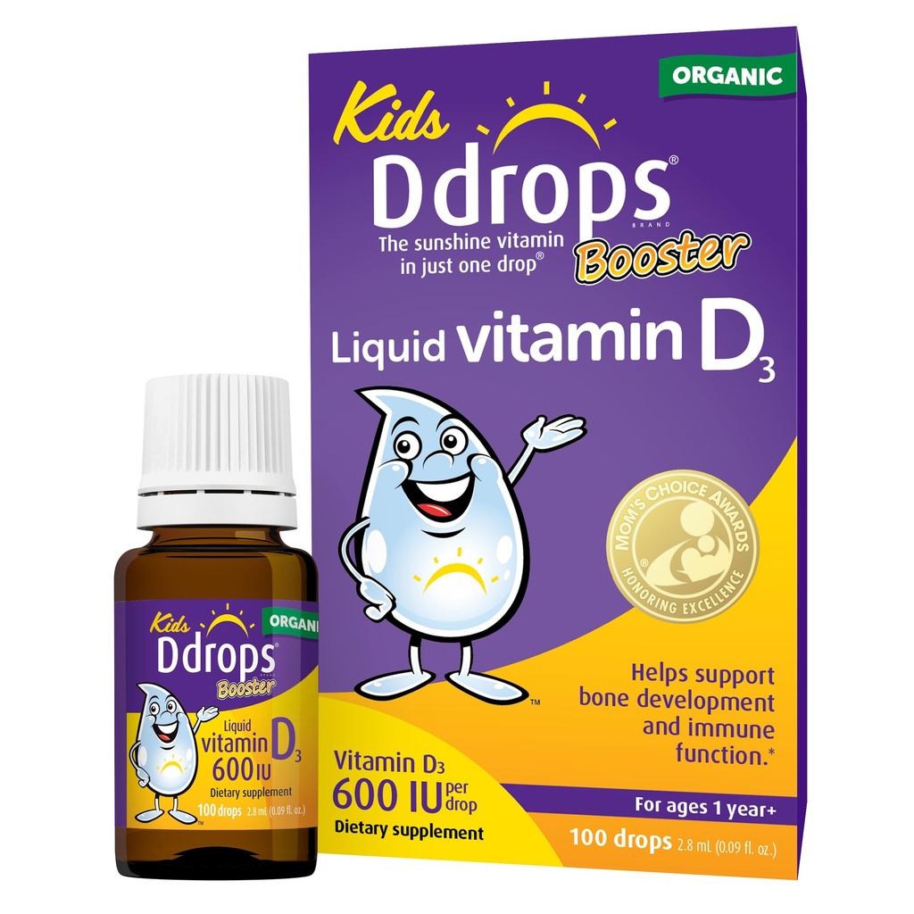 Ddrops Kids Booster 600IU 100 tilka - igapäevane vedel D-vitamiin lastele. Tugevad luud ja immuunsüsteem lastel. Ei säilitusaineid, ei suhkrut, mitte-GMO, allergia-sõbralik