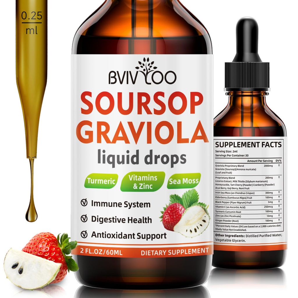 Soursop Graviola Vedelad tilgad rakkude toetamiseks ja regeneratsiooniks, immuunsuse suurendamiseks, lõdvestamiseks, maksaks ja uneks, Soursop Bitters Vedel, Suhkru / gluteenivaba, looduslikud maasikad Maitse - 2 Fl Oz (60 ml) Pudel