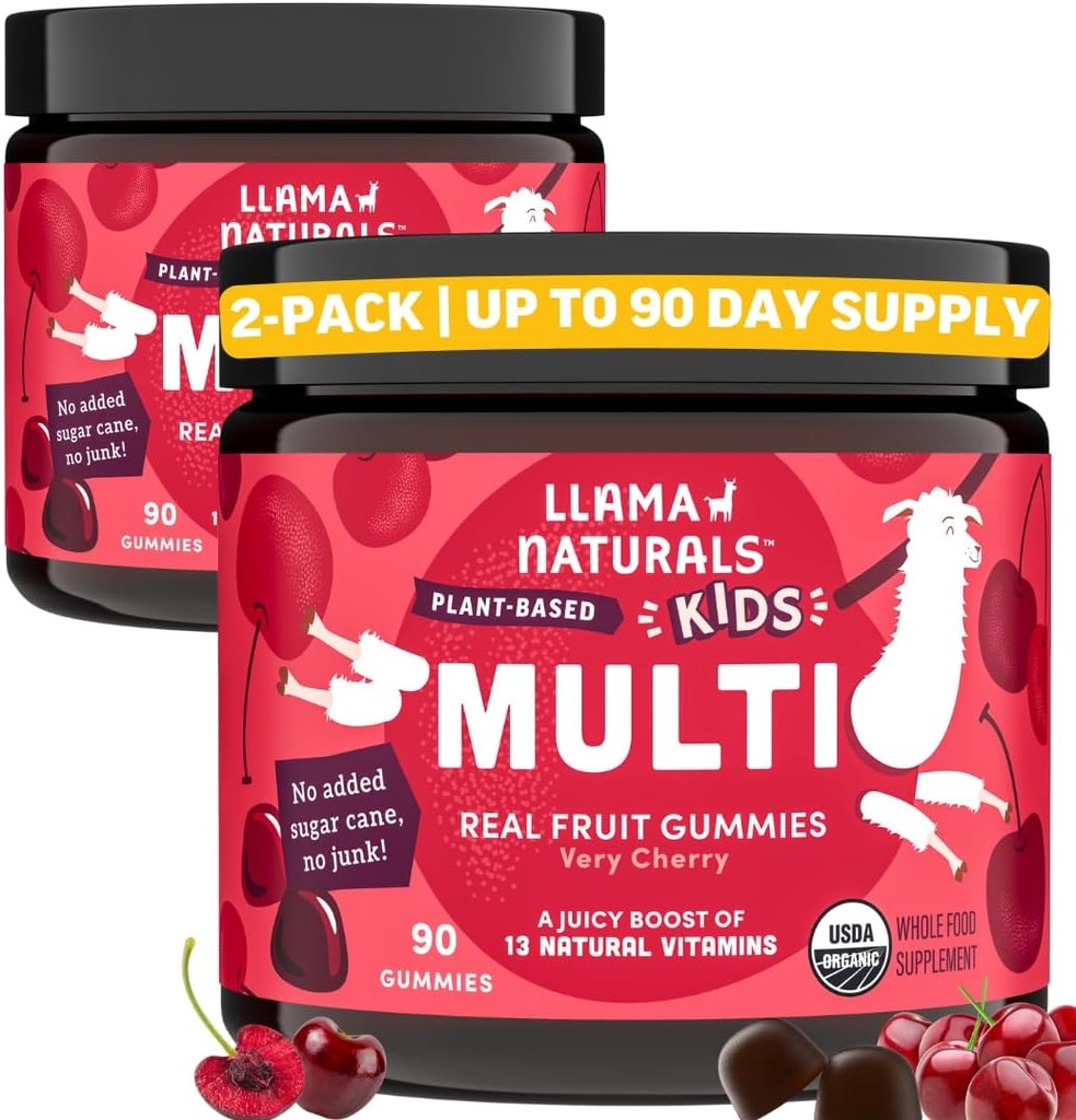 Llama Naturals Kids Multivitamiini Gummies, Vegan, Orgaaniline Vitamiin D, C & K, Väikelapse Real Fruit Gummy Vitamiinid, näritav täiendus, Terve toit Multivitamiinid, Ei Lisatud Suhkruroog, Kirss, 2 Pk