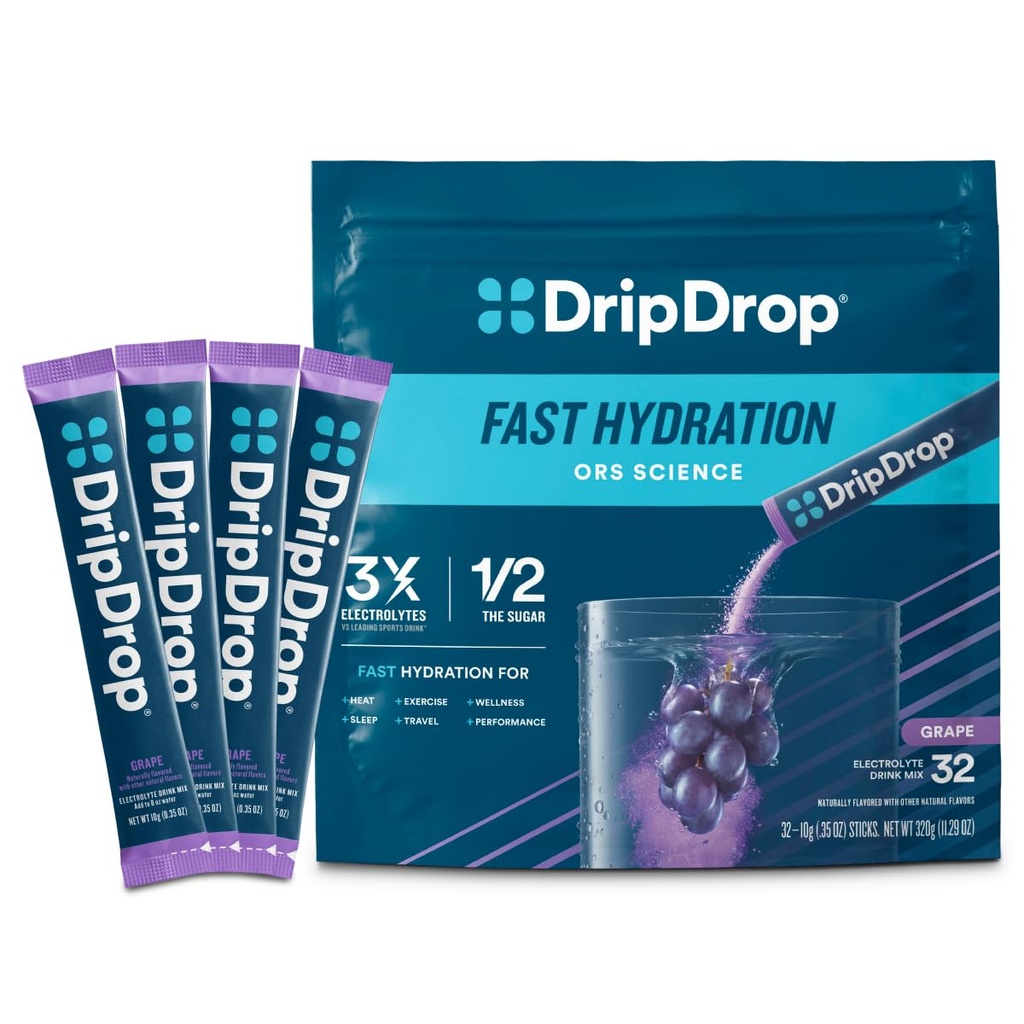 DripDrop hüdratsioonipaketid - Viinamarjad - Ühekordse Serviga elektrolüüdid Pulberjoogisegu - Mitte-GMO, Gluteenivaba, Vegan - 32 Sticks