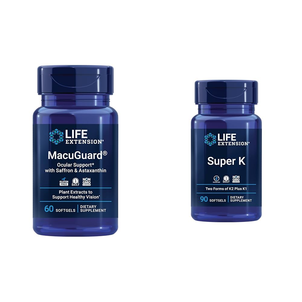 Elu pikendamine Macuguardi silmade tervise täiendus luteiini, meso-zeaksantiini, safrani ja astaksantiiniga - 60 Count ja Super K-vitamiin K1 K2 MK-7 MK-4 C-vitamiin - 90 Softgels