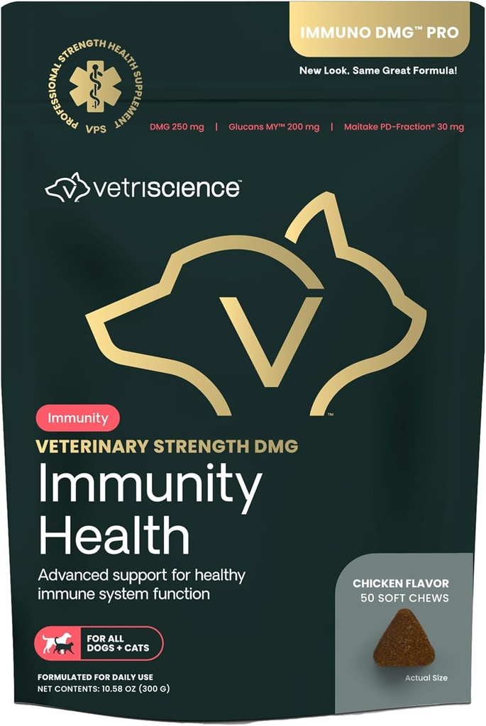 VETRISCIENCE Veterinary Strength DMG Immunity Health Chews - Immuunsüsteemi tugi koertele ja kassidele - Maksaabi - Antioksüdandi tugi lemmikloomadele - Kana maitse - 50 loend