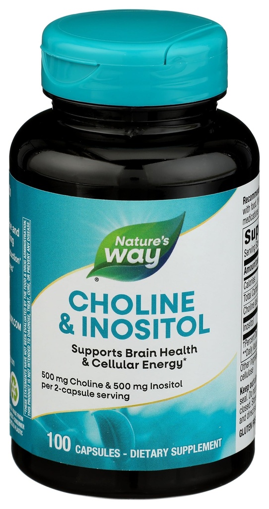 Nature's Way koliin ja inositool, toetab aju tervist ja rakuenergiat *, 500 mg koliini ja 500 mg inositooli 2-kapsli serveerimise kohta, gluteenivaba, 100 kapslit (pakendamine võib varieeruda)