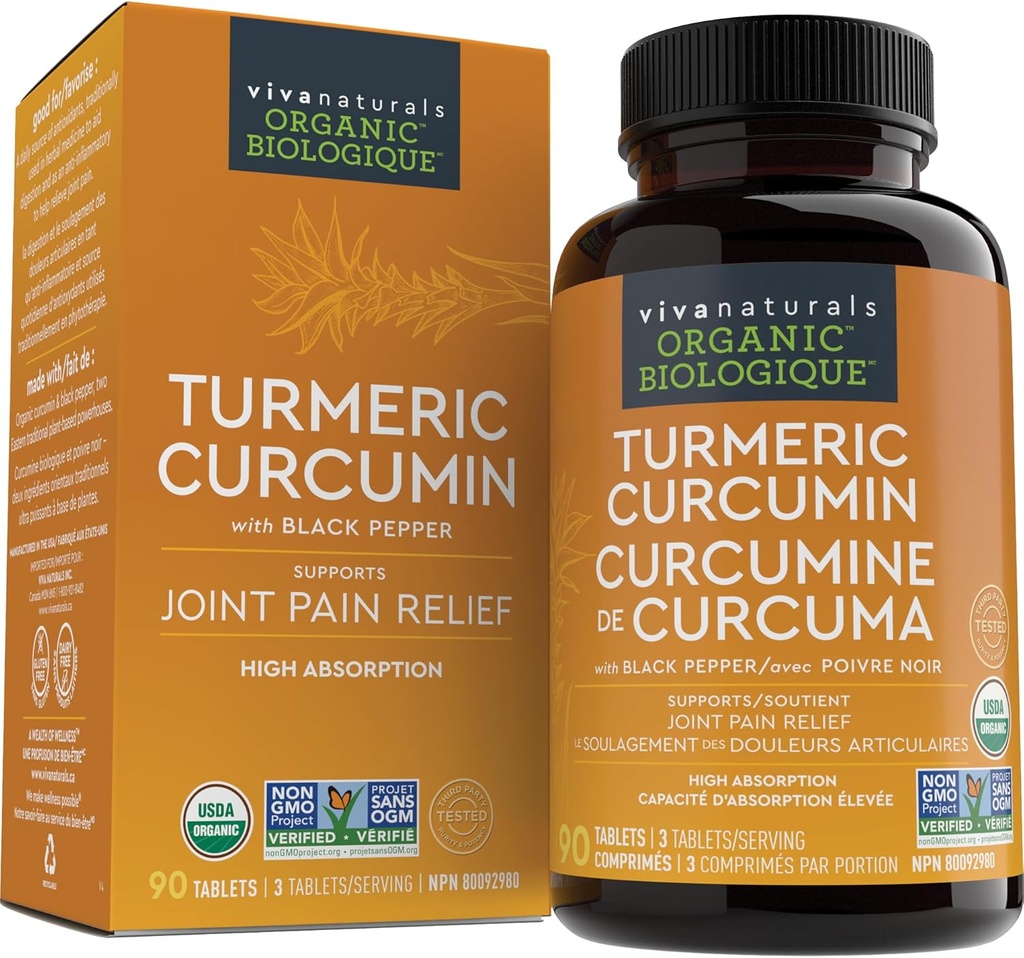 Viva Naturals Turmeric Curcumin, 1500 mg, 120 tabletti - koos musta pipariga imendumiseks - ühine tugi ja rakukaitse