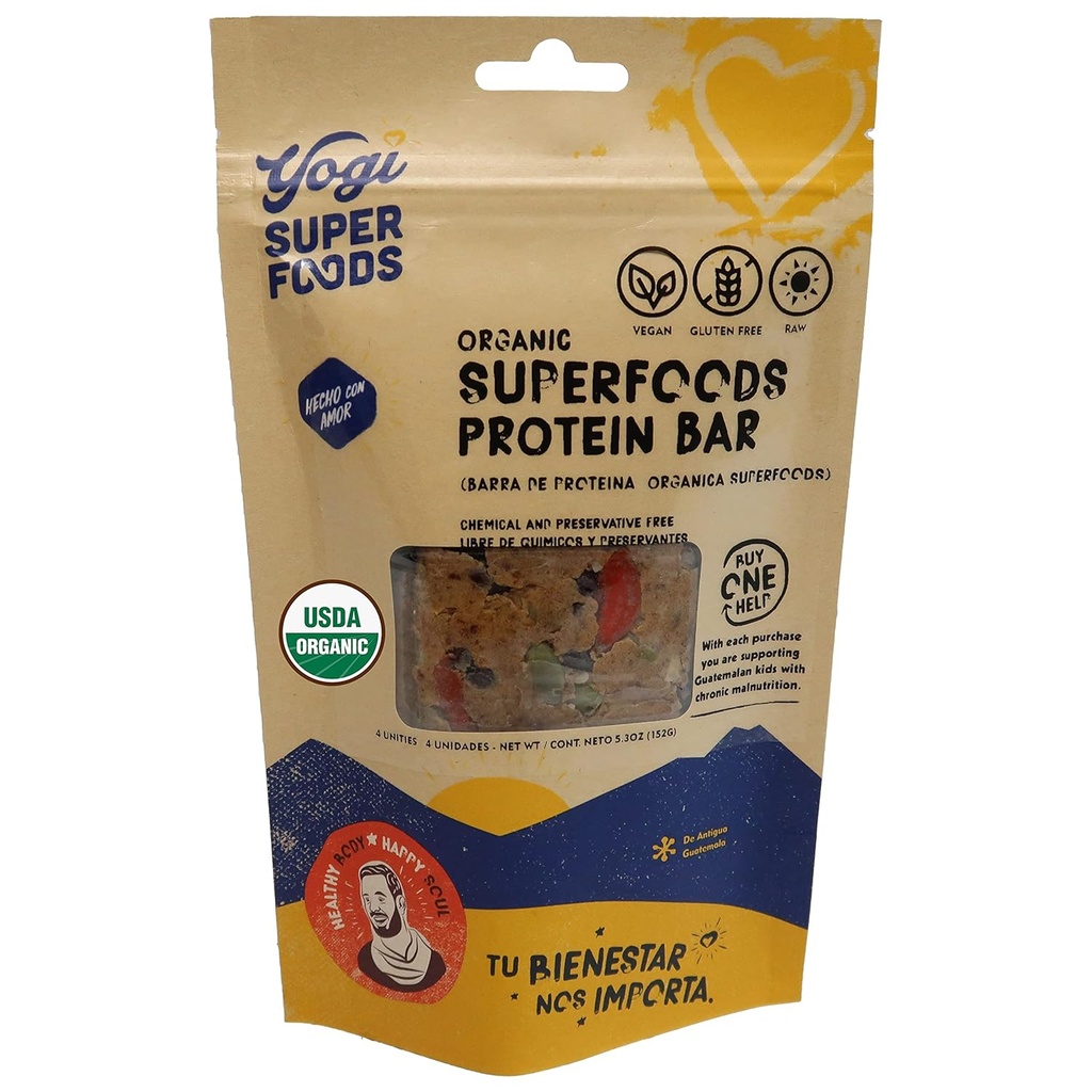Yogi Super Foods Maca Protein Bars koos Cacao tervisliku energia - toores, vegan, gluteenivaba, madala glükeemiline Superfood Snack toidubaarid taimse valgu, kakaopulber ja Granola - 4 baari