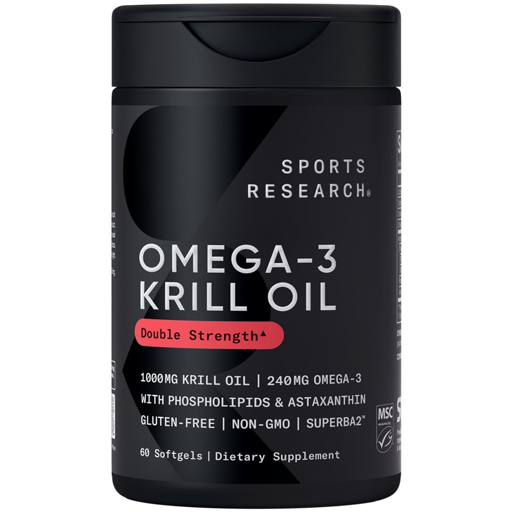 Sport Research Krill õli täiendus EPA & DHA Omega 3, fosfolipiidid ja astaksantiini Antarktika krill - kõrgeim kontsentratsioon Krill õli meestele ja naistele - 1000mg, 60 Softgel kapslid