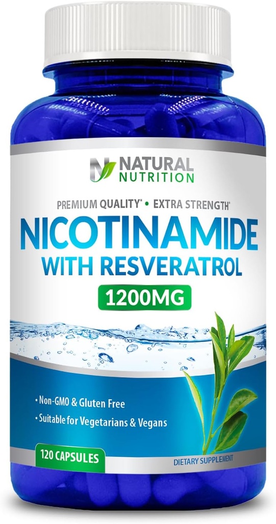 Üldine looduslik vitamiin Ekstra Tugevus Nikotiinamiid koos Resveratrooliga 1200mg (vitamiin B-3) 120 Veggie kapslid Gluteenivabad & Non- GMO