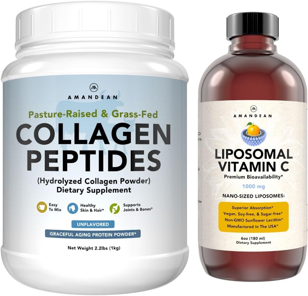 AMANDEAN Premium Liposomaalne C-vitamiini ja veiste kollageen Peptides Bundle. Võimas antioksüdant. Vedel Quali-C. Grass-Fed Collagen. Hüdrolüüsitud tüüp 1 ja 3. Immuunsüsteem. Tervislik nahk, juuksed ja küüned