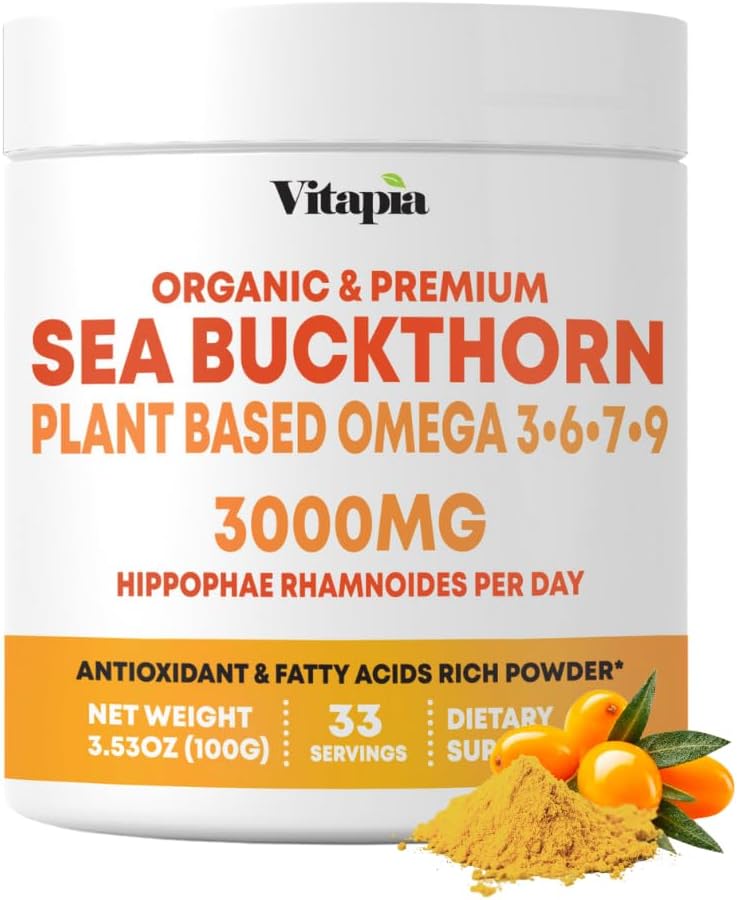 Orgaaniline meri Buckthorn ekstrakti pulber Natural Omega 7 & Omega 3 6 9 südame tervisele, nahale, immuunsüsteemile - 100 g pulbri täiendus ja 33 päeva pakkumine - mitte-GMO, gluteenivaba, vegan-sõbralik