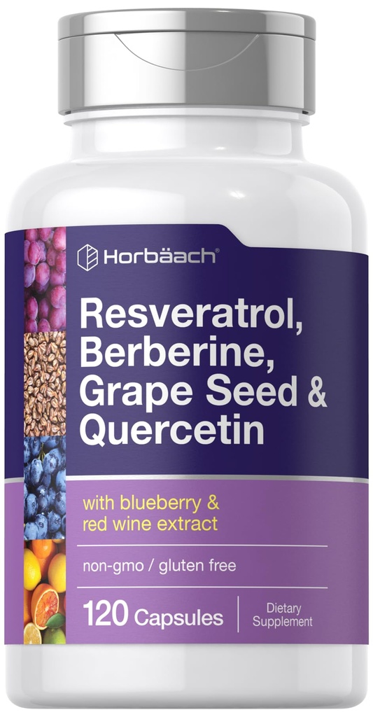 Horbäach Resveratrol Berberine Viinamarjade Seed & Quercetin | mustika & punase veini ekstrakt | 120 kapslit | Mitte-GMO, Gluteenivaba & Taimne Täiendus